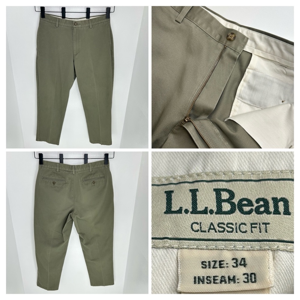 LL. Bean Classic Fit Chino Pants Mens 33x28.5 (tag 34x30) Khaki 100% Cotton